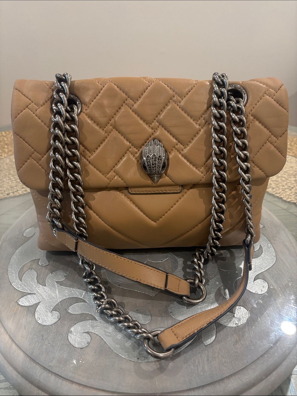 Kurt Geiger “The Lexington” Quilted Tan Leather Shoulder Bag with Chain Strap